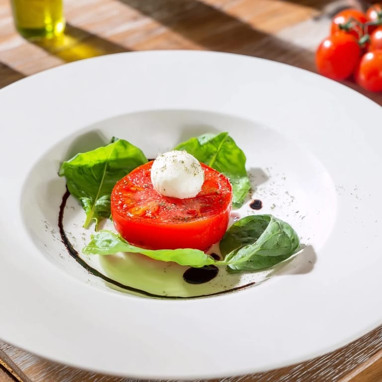 Delicate basil leaves and mozzarella adorn these Fresh Caprese Salad Skewers, ready to enjoy as a light, flavorful bite.