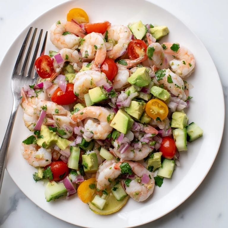 A refreshing serving of light & fresh shrimp ceviche, with vibrant citrus-cured shrimp and diced vegetables.