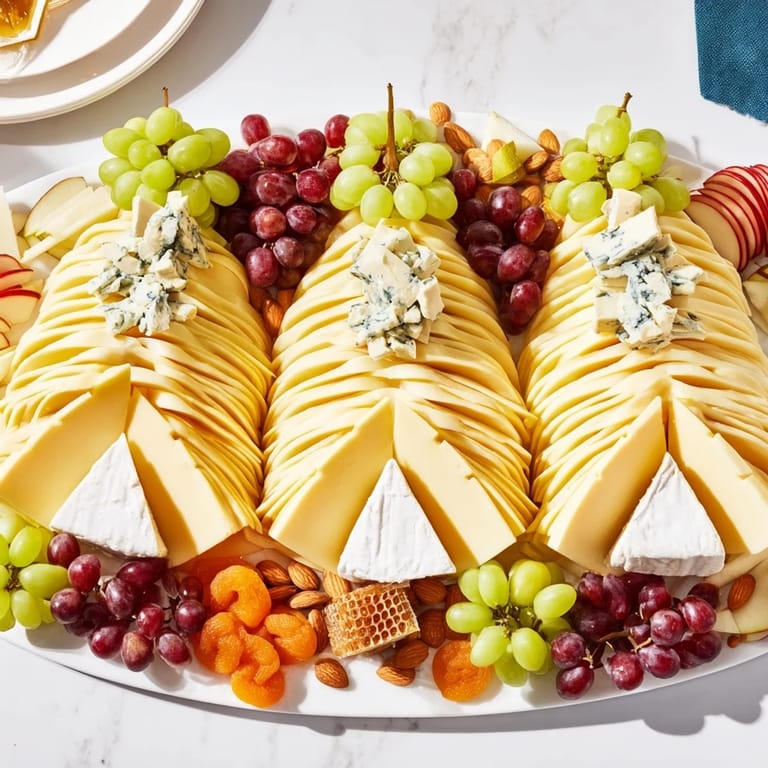 Get ready for a stunning Art Deco Arch Cheese Platter, showcasing creamy brie, Gruyère, and a colorful array.