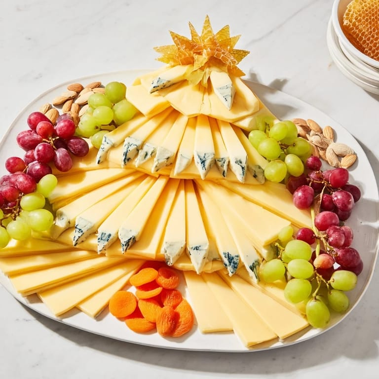 A gorgeous Art Deco Arch Cheese Platter with arranged cheeses and fruit, perfect for entertaining guests.