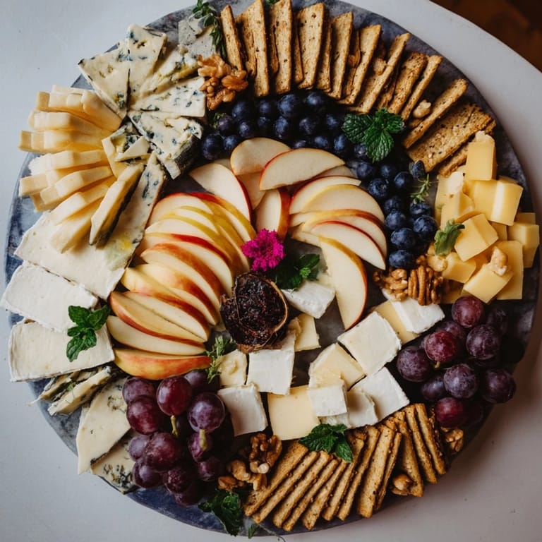 A vibrant Yin-Yang Balance cheese board featuring dark and light elements, ready for delightful snacking.
