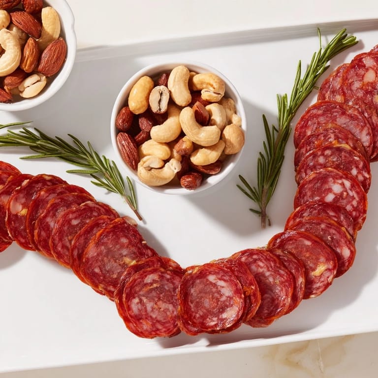 Vibrant image shows The Infinity Loop, a playful charcuterie appetizer with woven salami and mixed nuts.