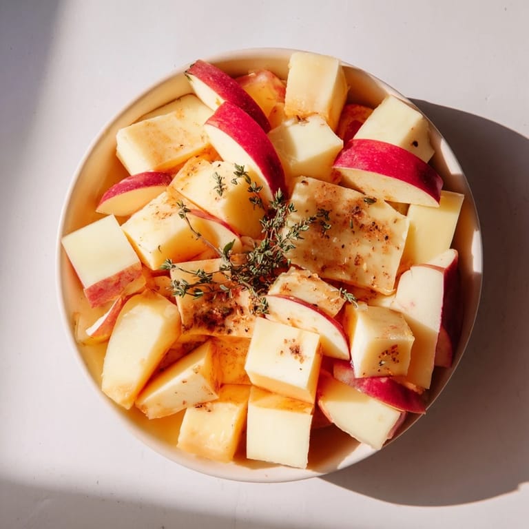 A close-up view of The Autumn Ember: Red apples and cheddar cheese dusted with smoked paprika.