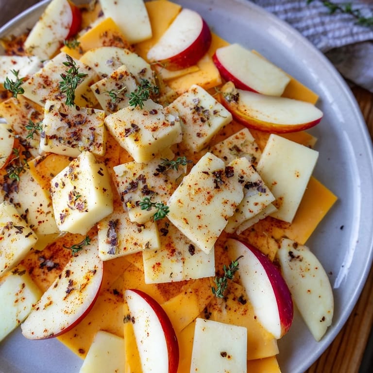 Vibrant fall appetizer, The Autumn Ember: Beautiful arrangement of apple wedges and spiced cheeses.