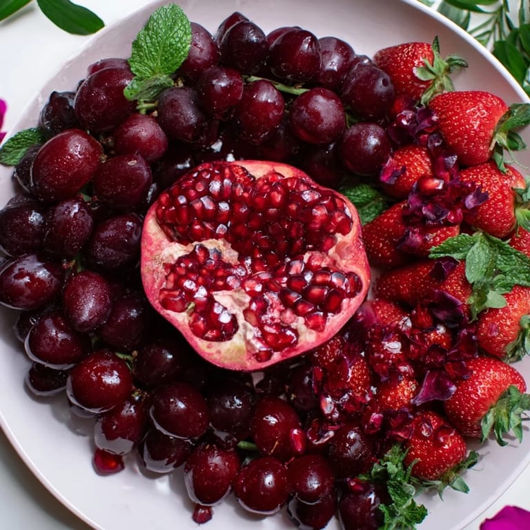 A close-up view of the Pomegranate Pivot shows a delicious fruit arrangement with juicy red grapes and cherries.