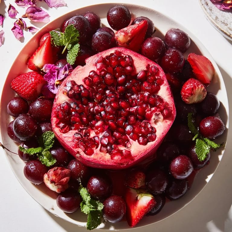 Explore this gorgeous Pomegranate Pivot, a refreshing appetizer featuring a stunning arrangement of seasonal fruits.