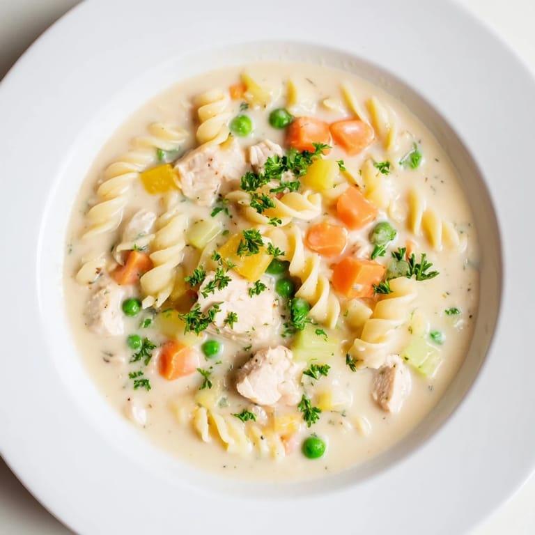 This Chicken Pot Pie Pasta Soup features a rich broth with visible pasta, chicken, and colorful vegetables.