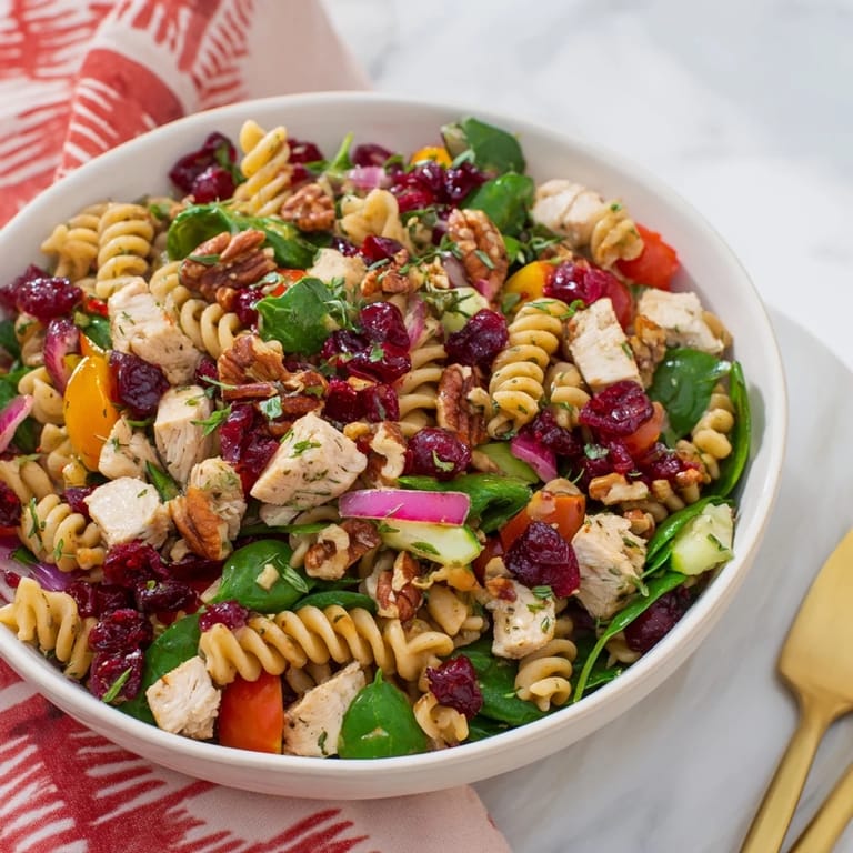Bright pasta salad with cranberry vinaigrette: showcasing chicken, rotini, and a tangy dressing for lunch.