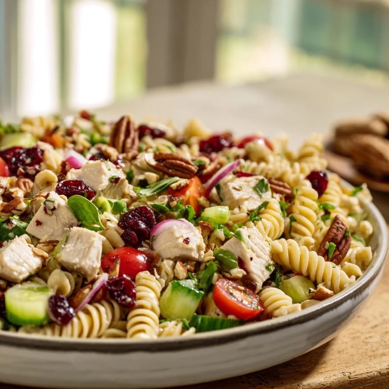 Refreshing pasta salad with cranberry vinaigrette: showcasing the dish generously garnished with parsley and nuts.