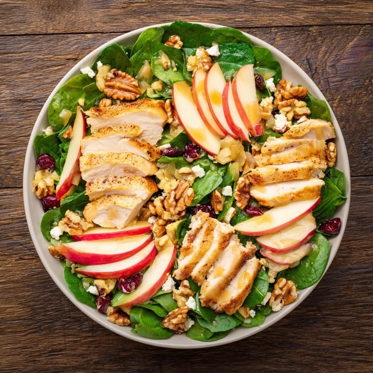 This flavorful Chicken and Apple Winter Salad showcases diced chicken, cranberries and a creamy dressing, beautifully presented.