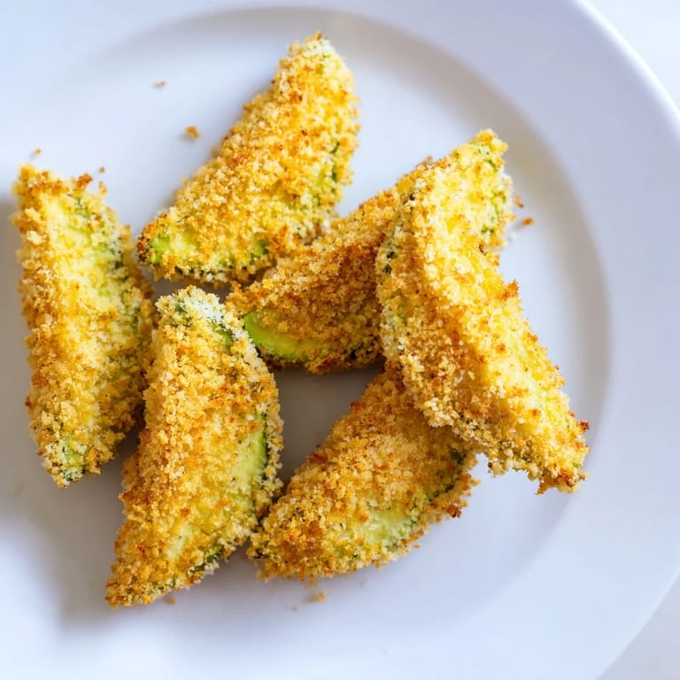 A close-up view of baked Avocado Fries, showing golden panko crust and creamy avocado center.