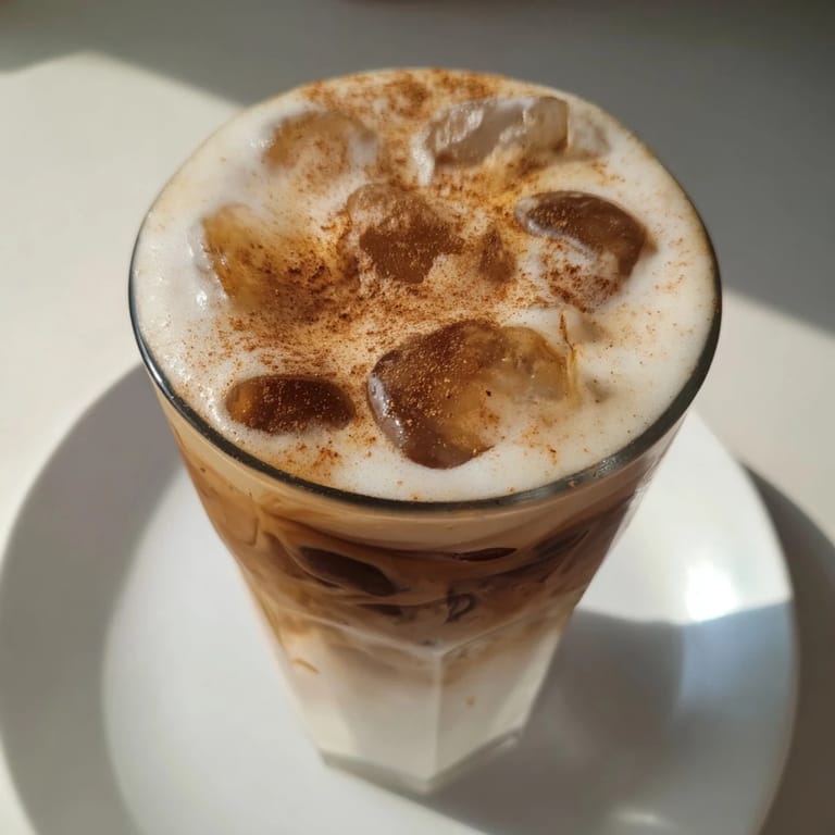 A homemade Iced Brown Sugar Oat Latte, showcasing layers of creamy oat milk and coffee blend.
