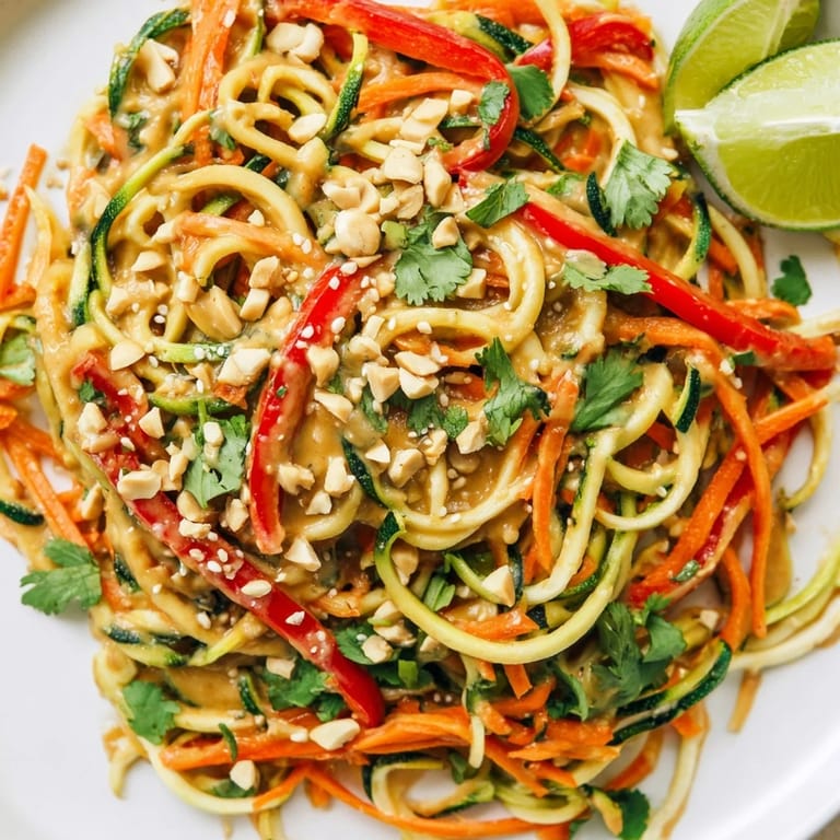 Fresh Zesty Peanut Zucchini Noodles, a refreshing bowl of spiralized zucchini in peanut sauce, ready to eat.
