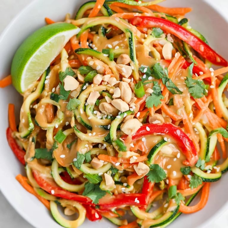 Close-up of healthy Zesty Peanut Zucchini Noodles—loaded with crunchy vegetables and drizzled peanut sauce.