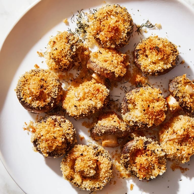 Close-up of baked Ranch-Seasoned Crispy Mushrooms, showing the crispy texture and savory herbs; best for snacking.