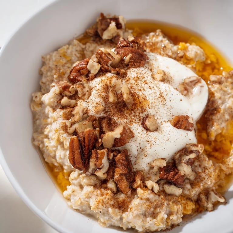 Warm, spiced pumpkin spice latte oats topped with a sprinkle of cinnamon, ready to eat now.