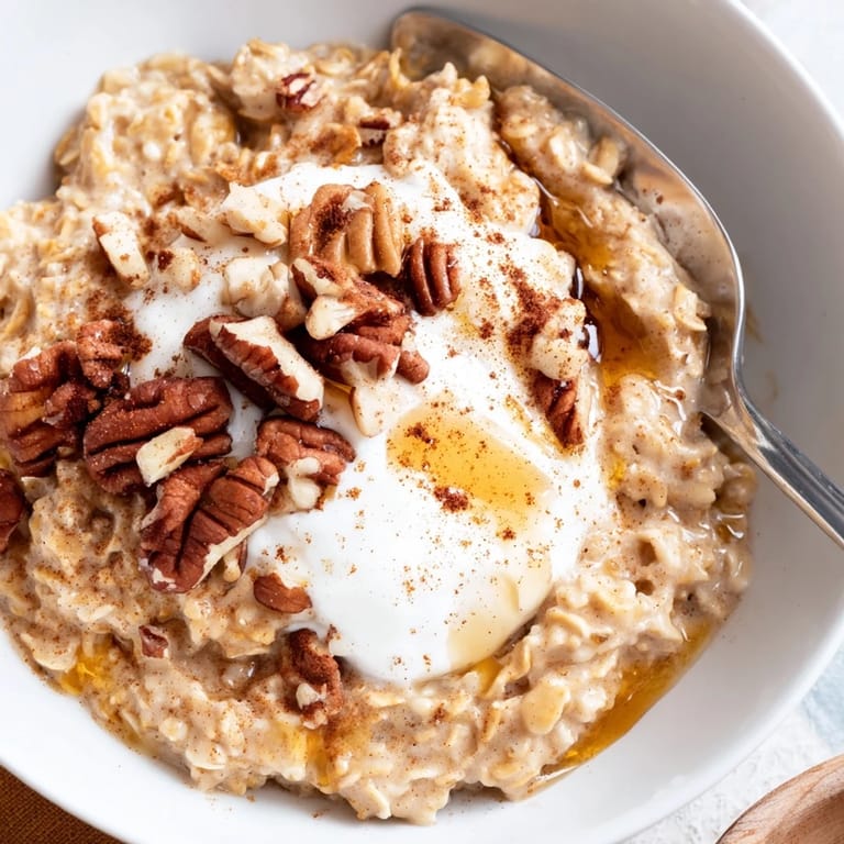 A close-up of creamy pumpkin spice latte oats recipe, showcasing the rich, autumnal flavors.