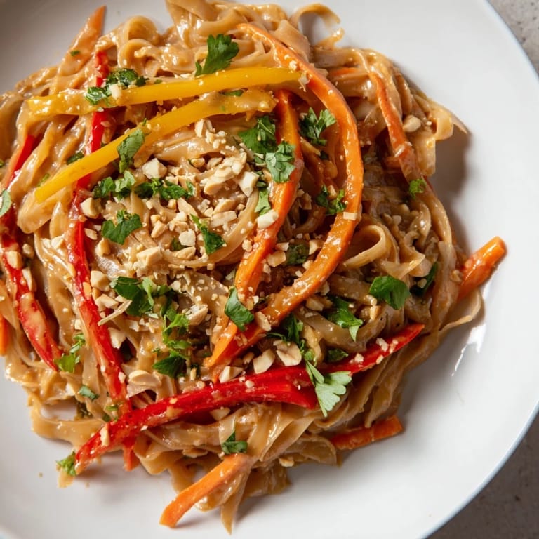Delicious Spicy Peanut Noodles recipe—a quick dinner with carrots, bell peppers, and a spicy kick.