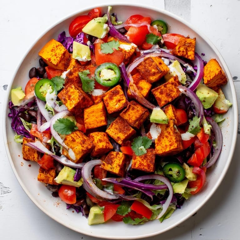 Flavorful sweet potato taco bowls, ready to eat, featuring roasted sweet potatoes, and black beans, creating a healthy meal.