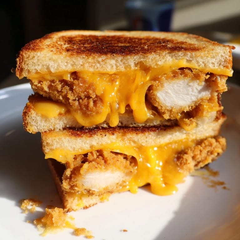 Perfectly toasted Chicken Nugget Grilled Cheese sandwich, a family-friendly meal with gooey cheese pull.