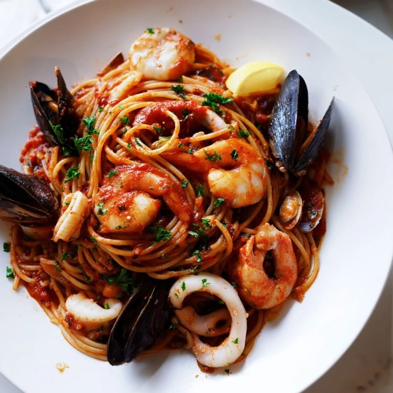 Enjoy a comforting bowl of Seafood Marinara Pasta garnished with fresh parsley and lemon.