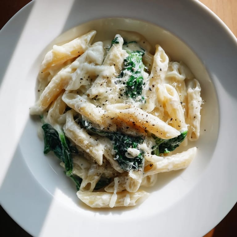 This creamy spinach pasta features a vibrant green sauce, perfect for a vegetarian weeknight dinner.
