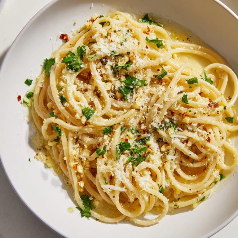 A close-up of buttery Garlic Butter Linguine, garnished and ready to be enjoyed as a flavorful meal.