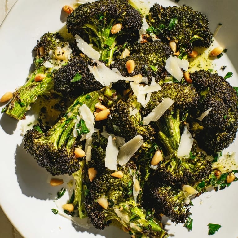 Enjoy a colorful plate of modern American charred broccoli salad, perfect for a light lunch.