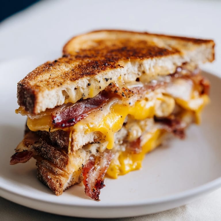 Close-up of a perfectly grilled Crispy Bacon Cheddar Grilled Cheese, ready to eat, with golden-brown crust and bacon peeking out.