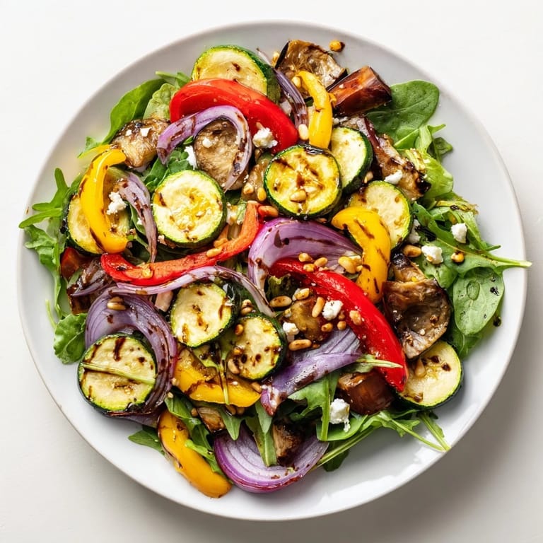 Warm, tender Roasted Vegetable Salad with mixed greens, offering a burst of Mediterranean flavors and textures.