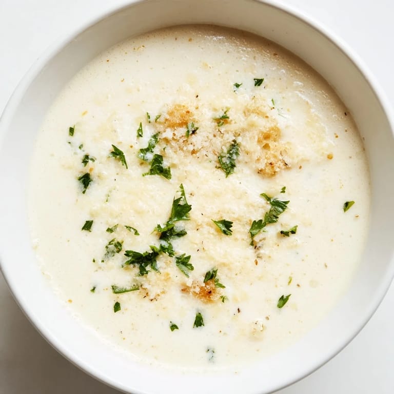 A steaming bowl of creamy garlic bread soup with crusty bread cubes is pictured here.