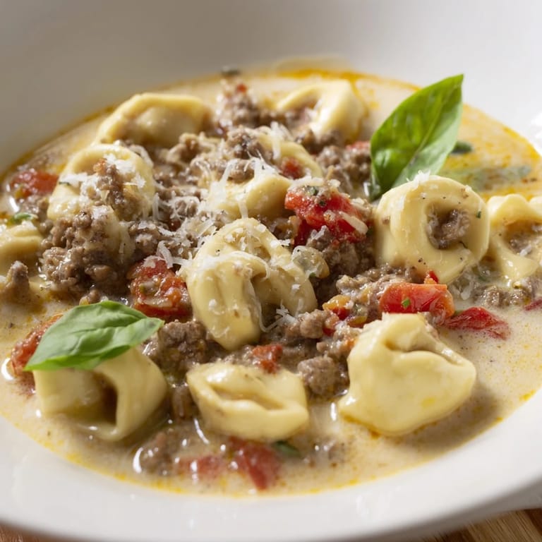 Warm ground beef and cheesy tortellini simmer in a flavorful Tortellini Beef Soup.