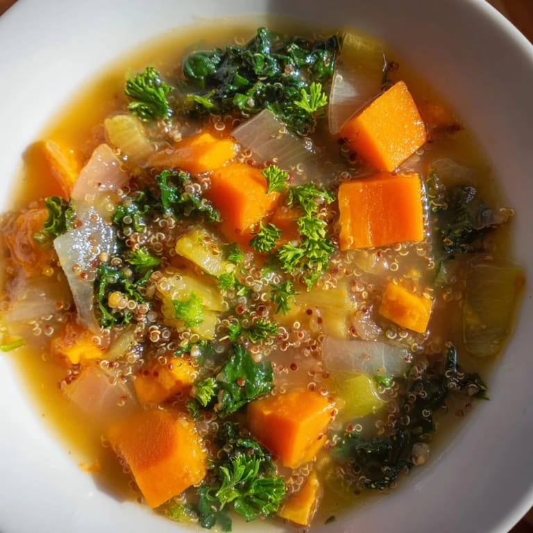 Savory picture of the hearty Winter Veggie Soup, ready to be served with fresh parsley garnish.