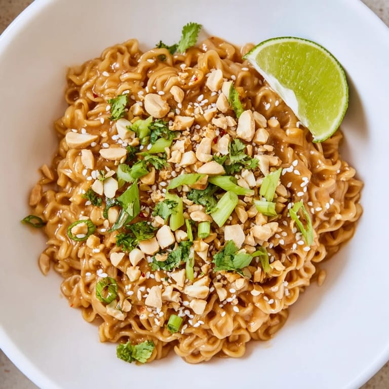 A visually appealing close-up of prepared Instant Peanut Thai Sauce Noodles, ready to eat in a bowl.