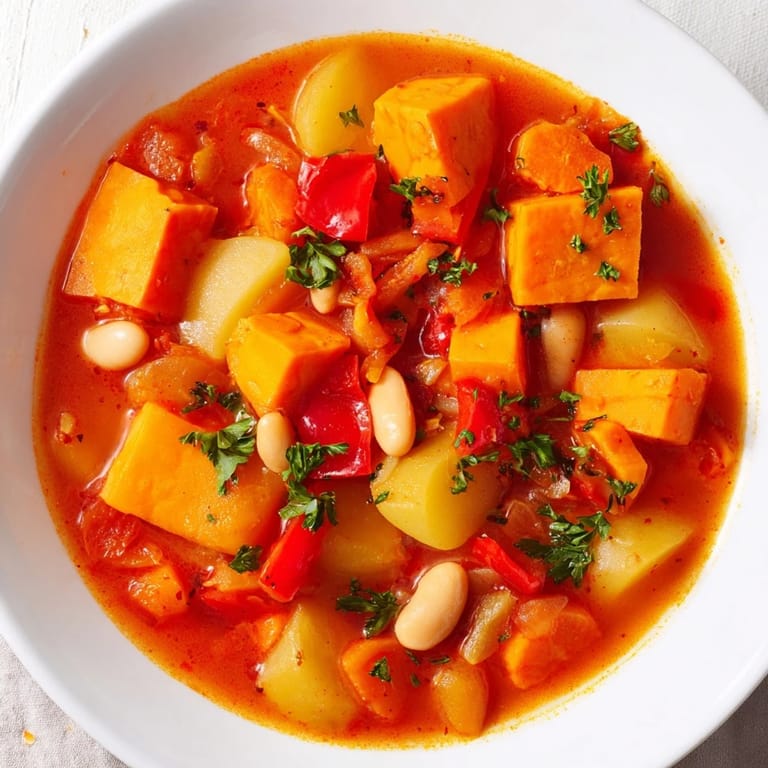 A large bowl of delicious Hearty Vegan Sweet Potato Stew, ready to eat alongside fresh parsley and lemon.