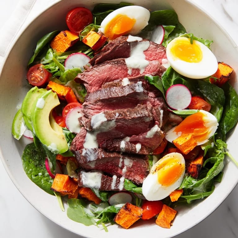 This colorful High-Protein Beef Avocado Bowl showcases sliced beef, vibrant veggies, and a perfectly cooked egg.