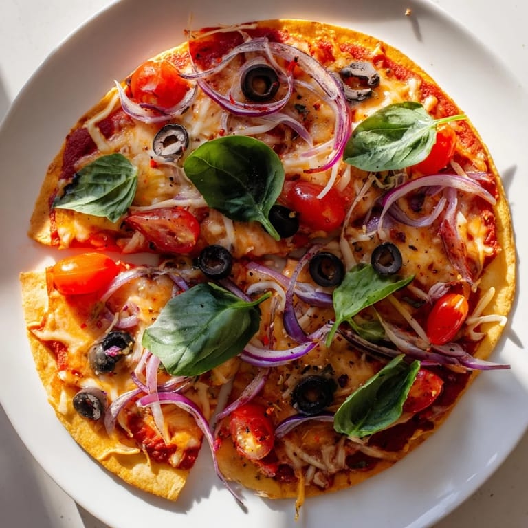 Visualize this: a perfectly cooked Crispy Tortilla Pizza, crispy base topped with fresh ingredients.