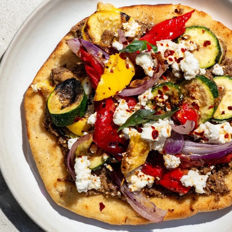 A close-up of a delicious Naan Bread Pizza, showcasing the bubbly crust and Mediterranean flavors.