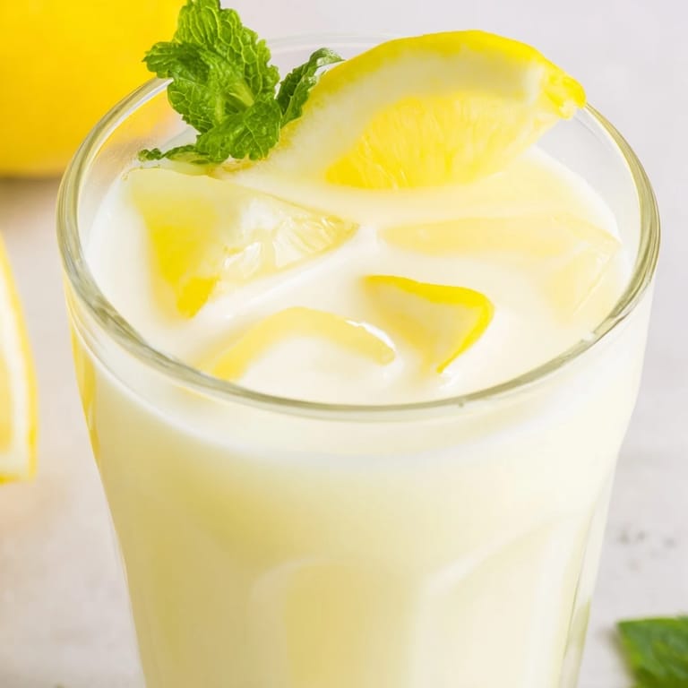 Chilled creamy lemonade in a mason jar, topped with a frothy swirl and a bright citrus garnish.  