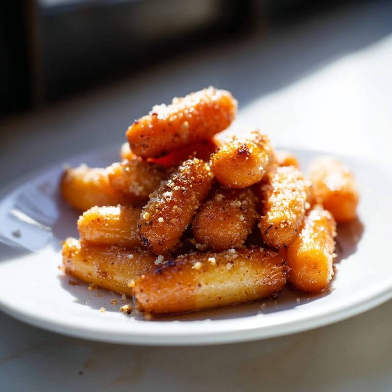 Tender baby carrot chips with melted Parmesan and a honey glaze, served warm as a vibrant vegetarian side dish.