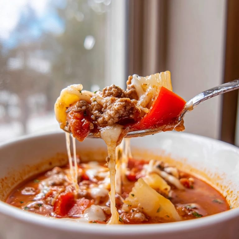 A hearty Pizza Soup recipe bubbling in a pot, showcasing sausage, peppers, and onions in a savory tomato and mozzarella broth.