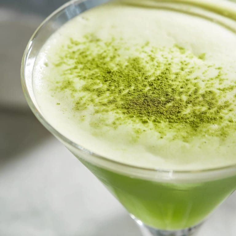 Vibrant Matcha Martini Cocktail being poured into a frosted martini glass, garnished with matcha dust.