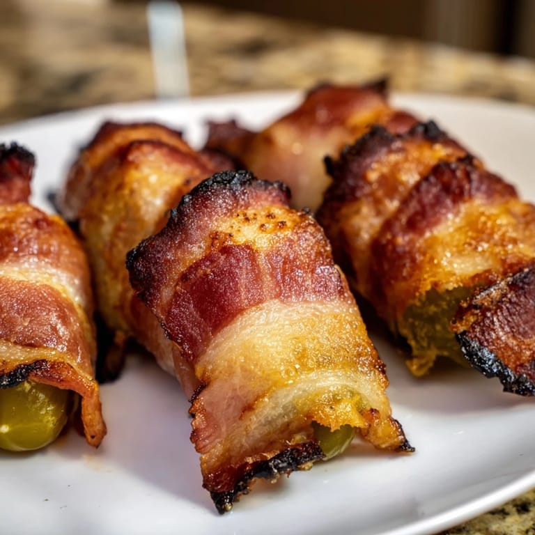 Twelve dill pickle halves wrapped in smoky bacon, arranged on parchment for a gluten-free, low-carb appetizer.