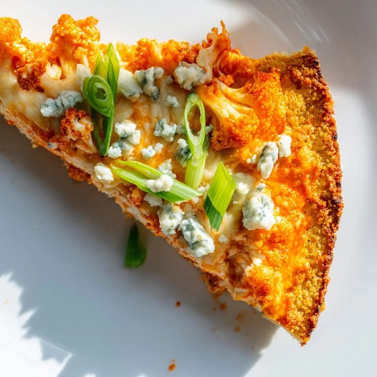 Golden, bubbly cheese and spicy buffalo sauce glisten on this vegetarian, gluten-free Buffalo Cauliflower Pizza, perfect for a game day feast.  