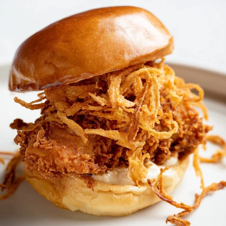 Plated Crispy Onion Chicken Sandwich with golden fried chicken and crispy onions, served beside a small bowl of aioli and pickles for dipping.
