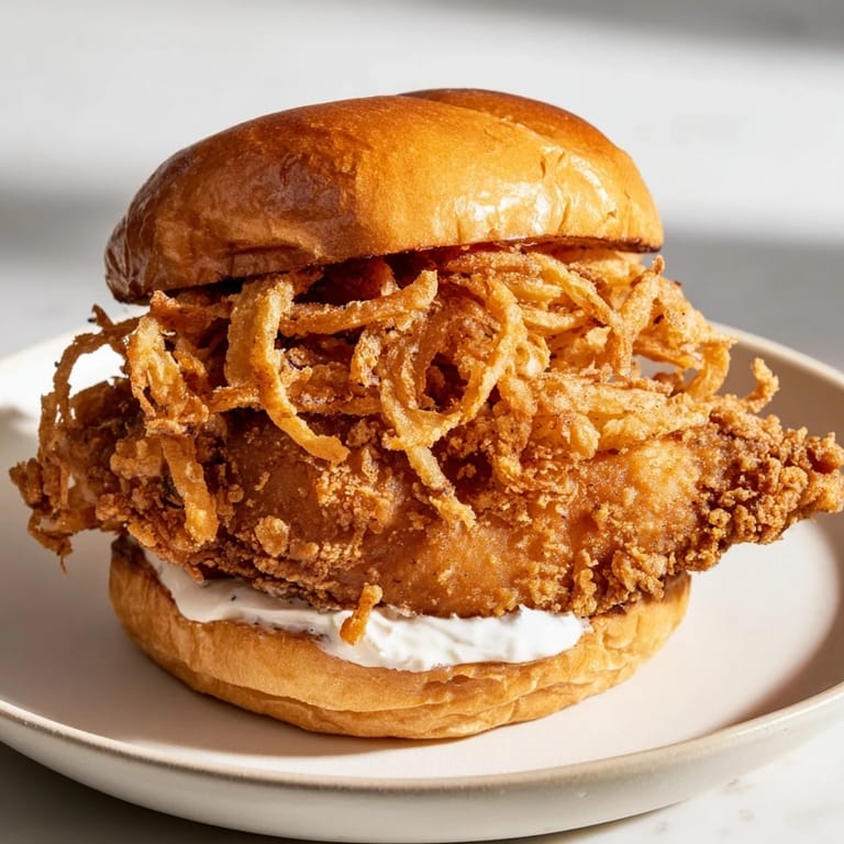 Freshly made Crispy Onion Chicken Sandwich on a wooden board, revealing juicy buttermilk-marinated chicken, a layer of crispy onions, and lettuce on a soft bun.