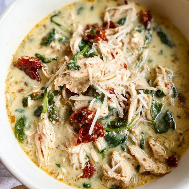 Close-up view of Creamy Tuscan Chicken Soup with a swirl of olive oil, highlighting its rich texture and the tender chicken and vegetables inside.