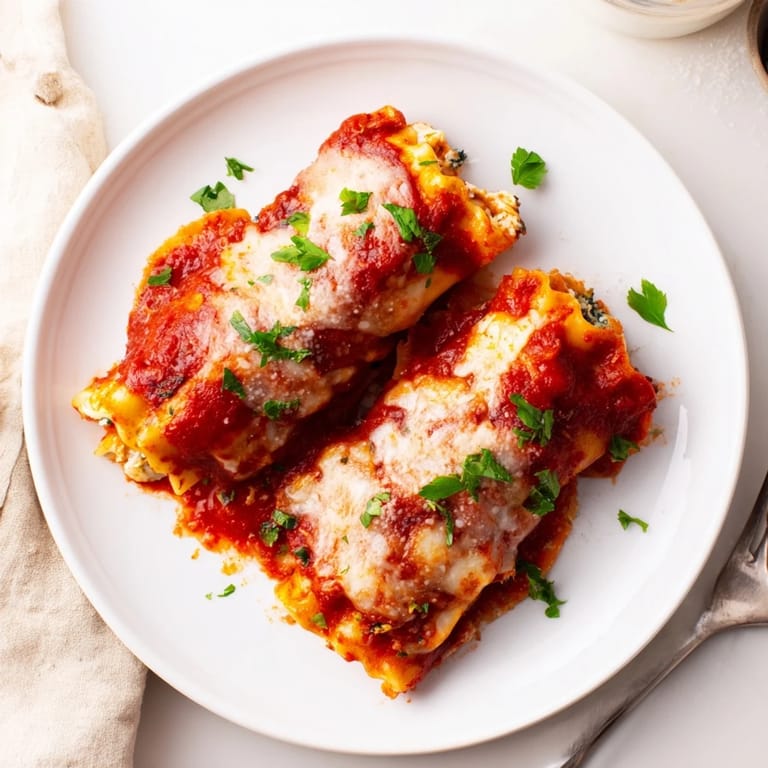 Chicken and Spinach Lasagna Rolls resting on a white plate, topped with extra Parmesan, alongside a fresh green salad and crusty garlic bread.