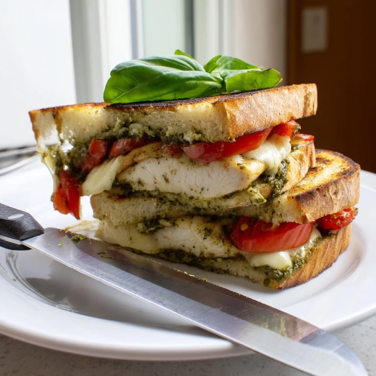 A toasted Pesto Chicken Melt with juicy chicken, creamy pesto, and melted cheese, cut to reveal the fresh layers.
