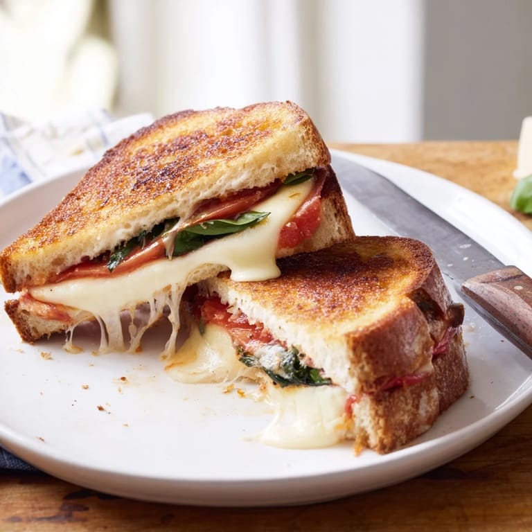 Homemade Tomato Basil Grilled Cheese served hot on a plate, perfect with a bowl of creamy tomato soup.